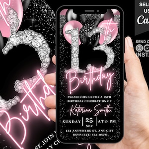 Convite digital para aniversário de 13 anos, convite de diamante com balões rosa blush para meninas de 13 anos, convite de 13 anos para meninas, modelo de cartão eletrônico autoeditável