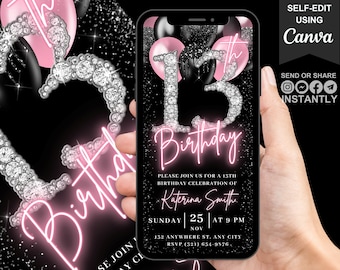 Digital 13th Birthday Invitation, Blush Pink Girls 13 Balloon Diamond Invite For Her, Thirteen Year Old Evite, Self Editable Template eCard