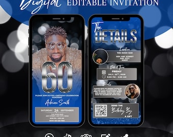 Editable 60th Birthday Invitation for Men, Dinner Party Evite, Classy Blue and Silver Digital Template, Social 60th Milestone Party Template