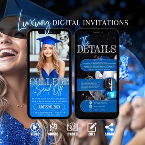 Invito digitale per la festa di addio al college, invito per la festa del baule blu della laurea, invito per la festa di addio con foto del liceo, modello di eCard con foto di addio