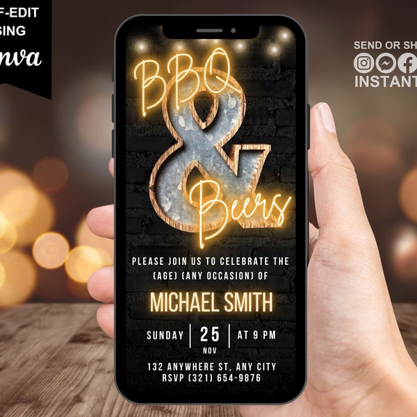 Digital BBQ And Beers Invitation, Animated Backyard Rustic Barbecue Invite, Patio Party Phone Text Evite, Any Occasion, Editable Canva eCard