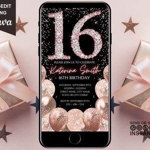 Invitación digital para 16.º cumpleaños, invitación electrónica para fiesta de 16.º cumpleaños, diamantes de oro rosa, texto de descarga instantánea de Evite, plantilla editable
