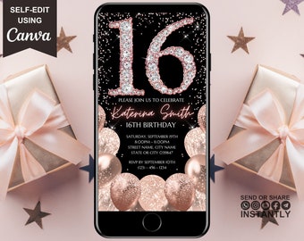 May include: A digital invitation for a 16th birthday party with a black background and rose gold glitter. The number 16 is made of diamonds and the text reads "Please join us to celebrate Katerina Smith 16th Birthday Saturday, September 19th 8:00PM-11:00PM Street Name, City Name State or City 039847 RSVP by September 10th (123)-456-1234 Send or Share Instantly".