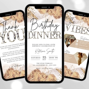 May include: A digital invitation for a 65th birthday dinner party. The invitation features a gold and white marble background with the text "Birthday Dinner" in gold letters. The invitation includes the date, time, and location of the event, as well as the name of the birthday celebrant, Katerina Smith. The invitation also includes the text "The Vibes" and details about the restaurant and attire.