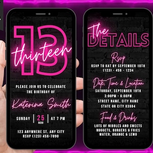 Digital 13th Birthday Party Pink Neon Invitation, Video Phone Message Evite, Editable 13th Invite Template For Teen Girls, Itinerary eCard