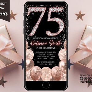 75th Birthday Digital Invitation, Electronic 75th Birthday Party Invite, Rose Gold Diamonds, Instant Download Text Evite, Editable Template