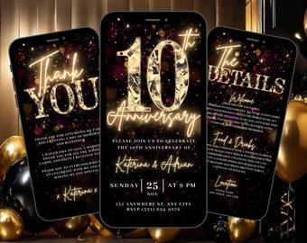 Könnte beinhalten: Eine digitale Einladung in Schwarz und Gold für eine 10-jährige Jubiläumsfeier. Die Einladung zeigt eine große goldene Zahl 10 mit funkelnden Lichtern und den Text "Katerina & Adrian" sowie "Bitte feiern Sie mit uns das 10-jährige Jubiläum von Katerina & Adrian". Die Einladung enthält auch das Datum, die Uhrzeit und den Ort der Feier.