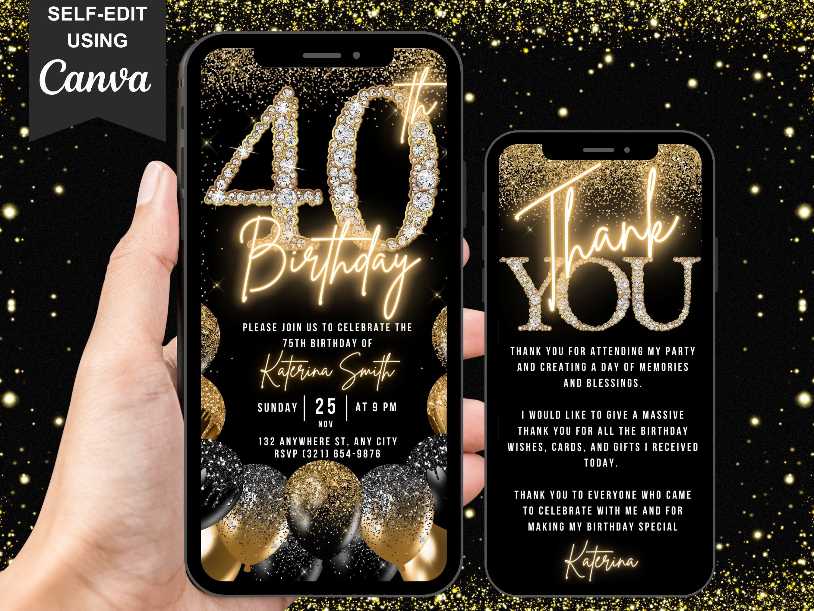 Digital 40th Birthday Invitation For Her, 40 Invite, Black Gold Silver Balloon Diamond Video Party Evite For Women, Editable Thank You eCard