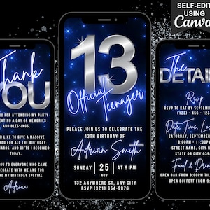 Faire-part numérique officiel pour le 13e anniversaire d'un adolescent, invitation animée de treize fêtes bleu néon Evite, itinéraire modifiable et carte électronique de remerciement