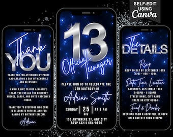 Digital 13th Official Teenager Birthday Invitation, Animated Thirteen Party Invite Neon Blue Evite, Editable Itinerary & Thank You eCard