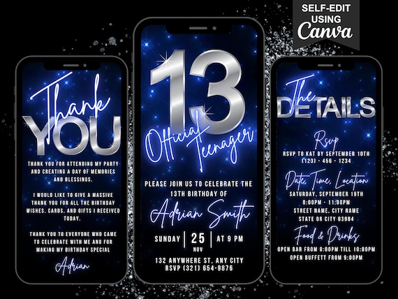 Digital 13th Official Teenager Birthday Invitation, Animated Thirteen Party Invite Neon Blue Evite, Editable Itinerary & Thank You eCard