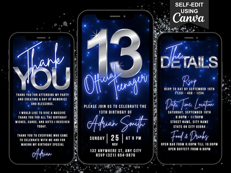 May include: Three blue and silver phone screen mockups with a glittery background. The center screen says "13 Official Teenager" with a large silver 13. The left screen says "Thank You" and the right screen says "The Details" with RSVP information.