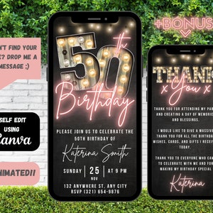 50th Birthday Digital Invitation, Backyard Party Ecard, 50 Marquee rose gold Virtual Evite, Fifty, Fiftieth Editable Text Message Invite