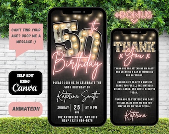 Peut inclure: Une invitation numérique pour une fête de 50e anniversaire. L'invitation présente un fond noir avec une inscription « 50e anniversaire » en rose néon et une pancarte en bois avec des ampoules. L'invitation comprend le nom « Katerina Smith », la date « dimanche 25 novembre », l'heure « 21 h » et l'adresse « 132 Anywhere St., Any City ». L'invitation comprend également une carte de remerciement avec une inscription « Merci » en rose néon et le nom « Katerina ».