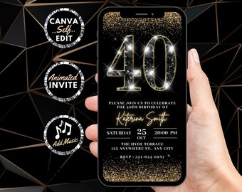 Faire-part numérique 40e anniversaire, invitation animée 40 diamants glamour en or noir pour elle, Evite de luxe, modèle personnalisé auto-modifiable