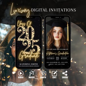 Invitación digital para fiesta de graduación, anuncio de graduación dorada, despedida de secundaria y universitaria, ceremonia de graduación con Evite, plantilla de tarjeta electrónica para mujeres