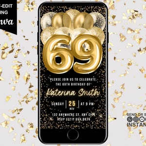 Digitale uitnodiging 69e verjaardag, elektronische uitnodiging voor verjaardagsfeestje, zwart goud, mobiele tekst Evite, bewerkbare geanimeerde 69e virtuele uitnodiging