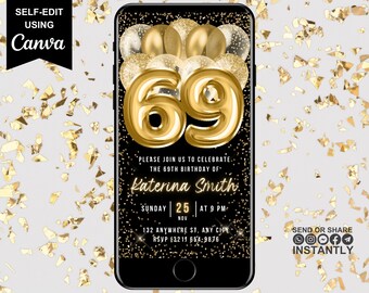 69歳の誕生日デジタル招待状、電子誕生日パーティー招待状、ブラックゴールド、モバイルテキスト招待状、編集可能なアニメーション付き69歳の誕生日バーチャル招待状