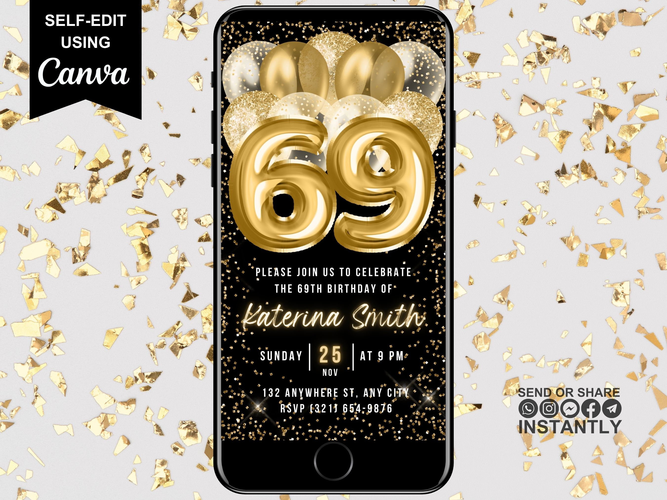 その他 Invitation 69th Birthday Digital Invitation, Electronic Birthday Party Invite