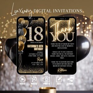 Digital 18th Birthday Party Invitation For Her, 18th Glam Invite, Black Gold Dinner  Party Diamond Evite For Men, Editable Template eCard