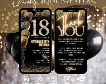 Digital 18th Birthday Party Invitation For Her, 18th Glam Invite, Black Gold Dinner  Party Diamond Evite For Men, Editable Template eCard