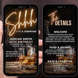 Faire-part 40e anniversaire pour homme, invitation numérique pour 40e anniversaire surprise pour homme, Evite sur le thème du whisky de l'homme, itinéraire auto-modifiable pour barbecue dans le jardin pour hommes