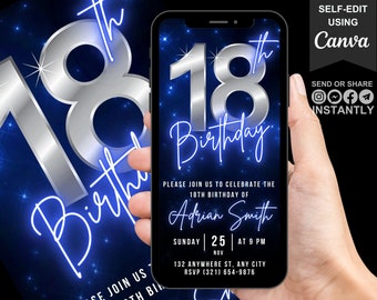 Digitales Video zum 18. Geburtstag, animierte Achtzehnte Party einladen für Männer, Chrom-Neon-Blau-Video-Evite für ihn, selbst bearbeitbare eCard