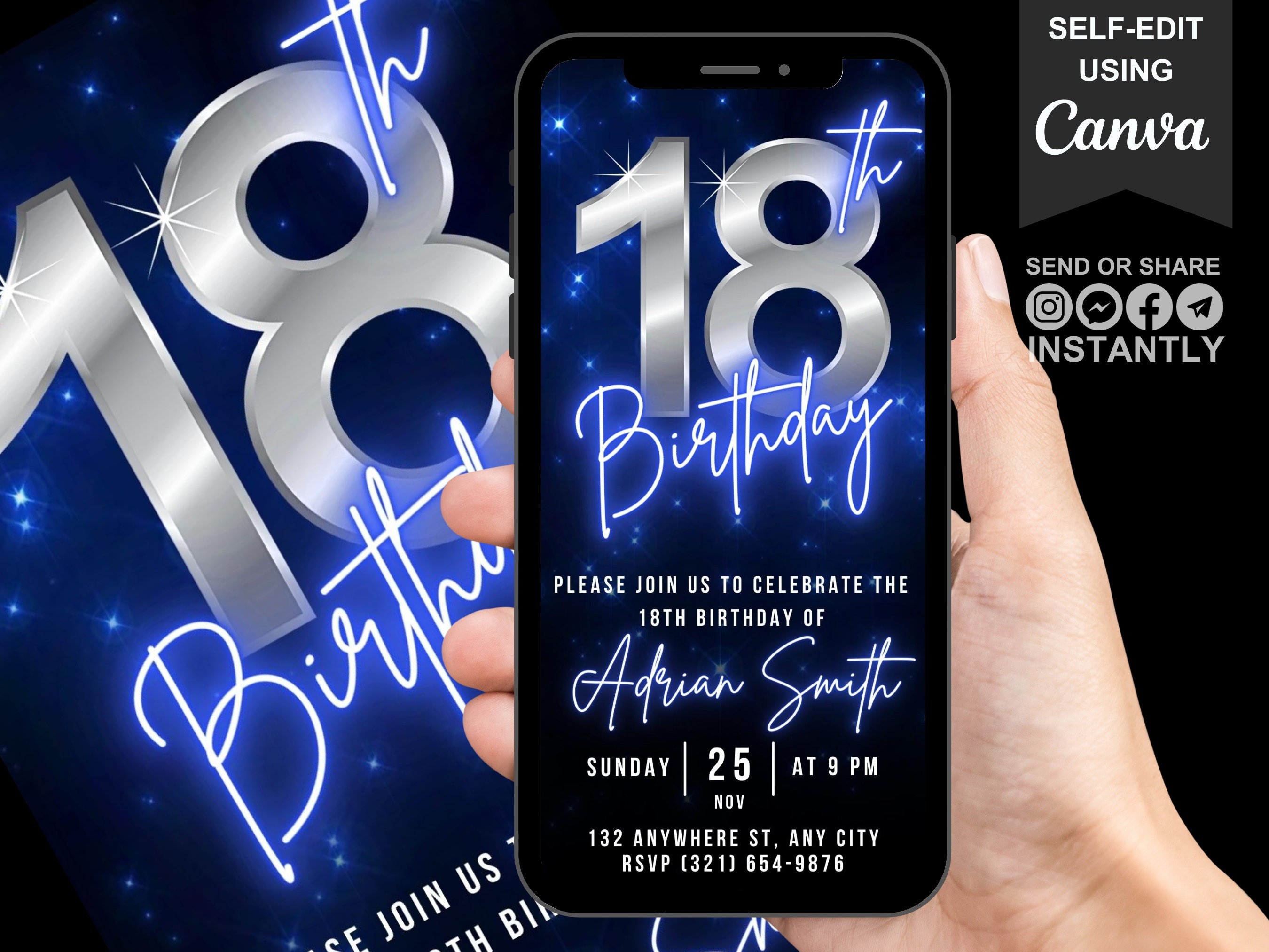 Digital Video 18th Birthday Invitation, Animated Eighteenth Party Invite For Men, Chrome Neon Blue Video Evite For Him, Self Editable eCard
