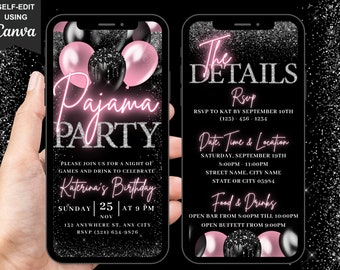 Digital Pajama Party Birthday Invitation, Animated PJs Fun Girls Night Invite, Blush Pink Bachelorette Party Evite, Editable Itinerary eCard