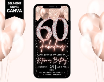 Digital 60 & Fabulous Birthday Invitation, 60th Surprise Party Invite For Women, Rose Gold Diamond Evite For Her, Editable Template eCard