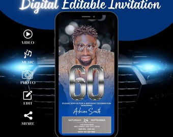 Digital 60th Birthday Invitation for Men, Dinner Party Evite, Classy Blue and Silver Mens Invite, Edit 60th Social Milestone Male Template