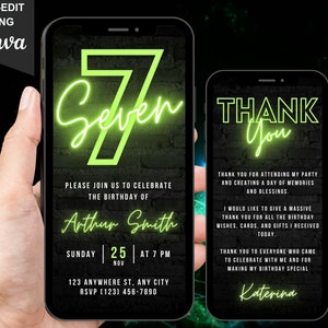 Digital 7th Birthday Invitation, Animated Seventh Party Invite For Boys, Kids Neon Green Gaming Console Evite, Self Editable Template eCard