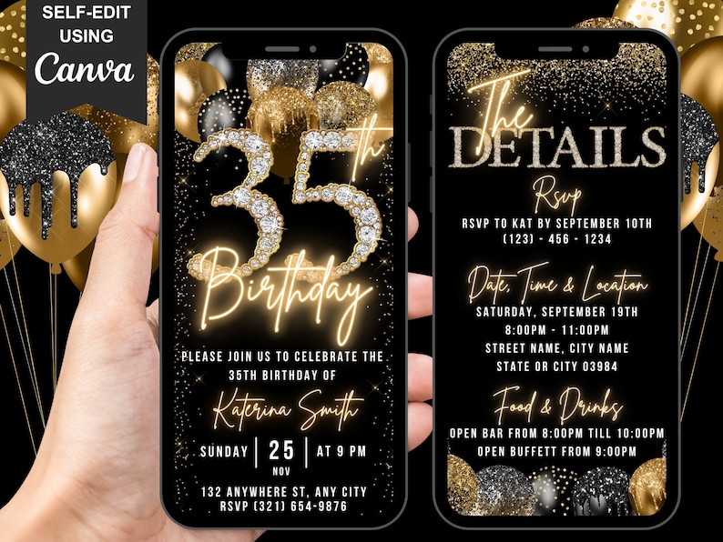 Digital 35th Birthday Invitation, 35th Invite, Black Gold Balloon Diamond Video Party Invite For Black Tie Gala, Editable Itinerary eCard image 1