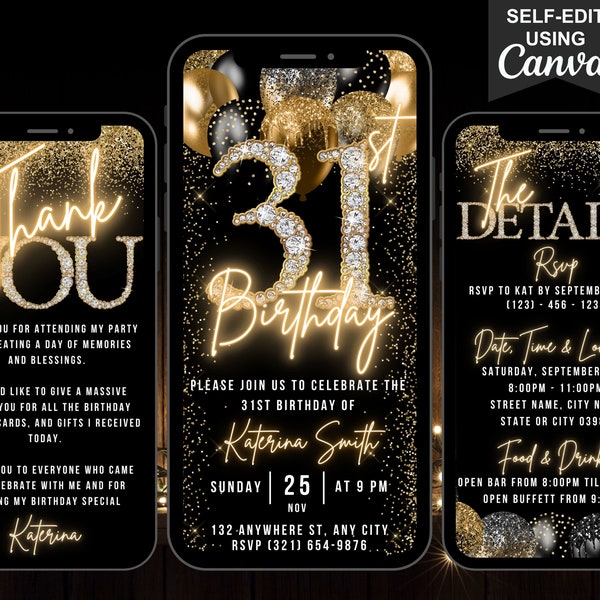 Digital 31st Birthday Invitation, 31 Invite, Animated Black Gold Balloon Diamond Party Black Tie Evite, Editable Itinerary & Thank You eCard