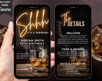 Invitación de 50 cumpleaños para hombres, invitación digital sorpresa para hombres, tema de whisky para hombres de Evite, itinerario autoeditable de barbacoa en el patio para hombres