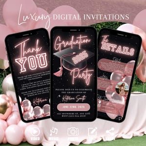 Invitación digital para fiesta de graduación 2025, invitación rosa para la clase de 25, Grad Evite, despedida universitaria, plantilla editable para ceremonia femenina (tarjeta electrónica)