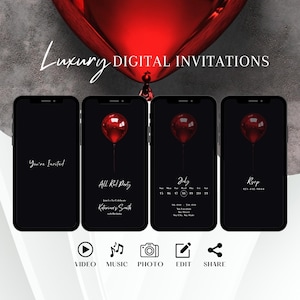 Faire-part de fête tout rouge minimaliste, invitation d&#39;anniversaire animée élégante, Evite de fête rouge pour homme, modèle numérique chic, carte électronique modifiable pour femme