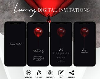 Faire-part de fête tout rouge minimaliste, invitation d'anniversaire animée élégante, Evite de fête rouge pour homme, modèle numérique chic, carte électronique modifiable pour femme