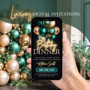 Birthday Dinner Invitation, Digital Birthday Party Invite, Green Gold Formal Affair Evite For Women, Animated Editable Template eCard