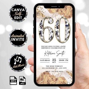 Digital 60th Birthday Invitation, Animated White Gold Diamond Invite For Her, Luxury Dinner Evite For Women, Self Editable Template eCard