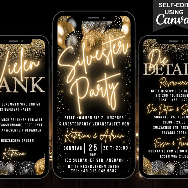 Deutsch Digital Silvester Party Invitation, Animated NYE Celebration Invite, Black Gold Phone Text, Editable Itinerary & Thank You eCard