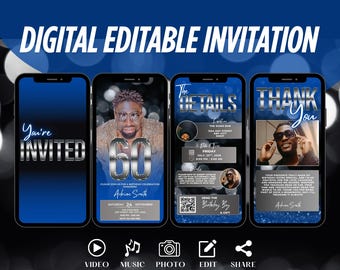 Modern 60th Birthday Invitation Digital Download, Stylish Dinner Party Invite For Men, Editable Blue & Silver Evite, Custom Luxury Template