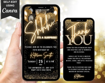 Digital 70th Surprise Birthday Invitation, Girls Animated Seventy Invite For Women, Brunch Dinner Party Evite, Self Editable Thank You eCard