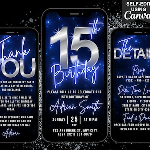 Convite de aniversário de 15 anos em vídeo digital, convite animado para festa de 15 anos, vídeo Evite em azul neon cromado, itinerário editável e cartão eletrônico de agradecimento