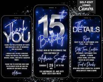 Invitación digital para 15 cumpleaños, invitación animada para quinceañera, video azul neón cromado de Evite, itinerario editable y tarjeta electrónica de agradecimiento.