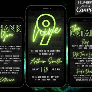Faire-part numérique pour 9e anniversaire, invitation vidéo 9e néon vert, Eviter un message téléphonique, anniversaire enfant garçons filles, itinéraire et carte électronique de remerciement
