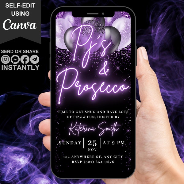 Digital PJs and Prosecco Invitation, Video Fun Girls Night In Invite, Stylish Neon Purple Birthday Evite, Glam Bachelorette Party, Editable