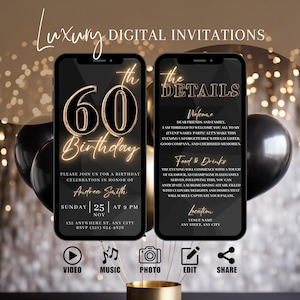 Digital 60th Birthday Party Invitation, Animated Black Gold Dinner Invite For Women, Brunch Evite For Her, Self Editable DIY Itinerary eCard