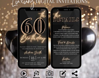Digital 60th Birthday Party Invitation, Animated Black Gold Dinner Invite For Women, Brunch Evite For Her, Self Editable DIY Itinerary eCard