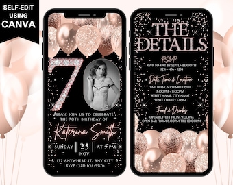 Digital Seventy 70th Birthday Invitation Template, Electronic Day Itinerary, Rose Gold Confetti 70th Birthday Invite, Personal Image Photo
